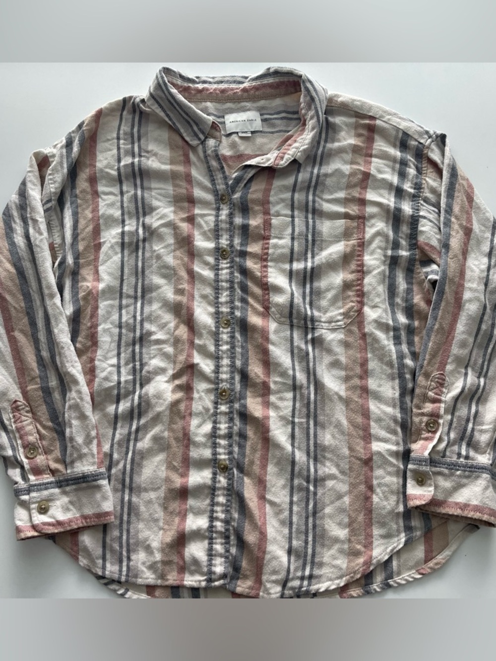 American Eagle Striped Button-Up Shirt in Ivory, Blue & Dusty Rose
